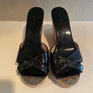 Jimmy Choo Black Patent Leather Cork Wedge Sandals Size 9